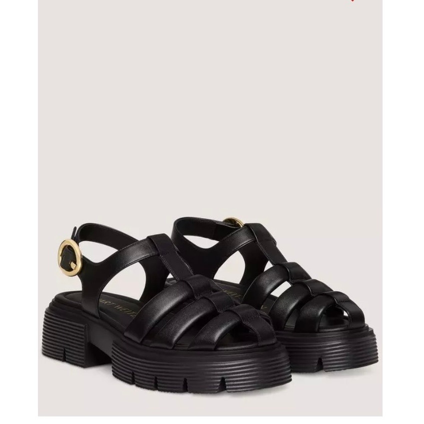 Stuart Weitzman Black Leather Strappy Platform Sandals With Gold Buckle